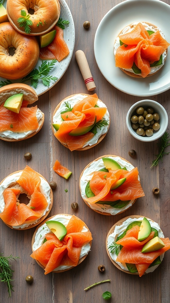 An assortment of bagels topped with cream cheese, smoked salmon, avocado, and vegetables on a wooden table.